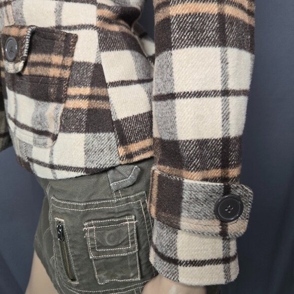 Y2K Fitted Plaid Pea Coat Jacket Size XS Brown Beige Wool Blend Fall Winter - Picture 8 of 14